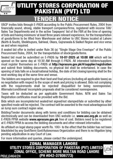 Utility Stores Corporation of Pakistan Lahore Tender Notice